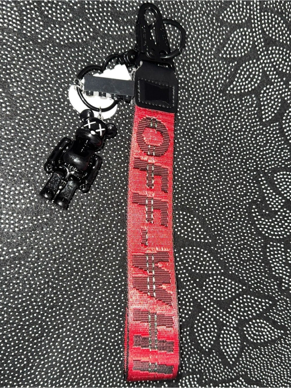 Red Logo Strap Keychain with Black Bear Charm